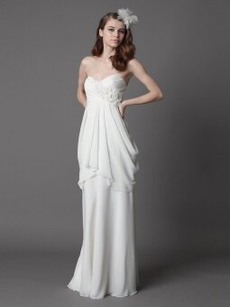 White Chiffon Floor Length Sweetheart Hand Made Flower Empire Beach Wedding Dress