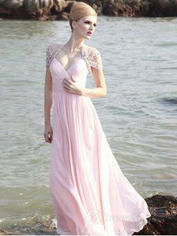 A-line V-neck Pearl Pink Beading Chiffon Floor-length Dress