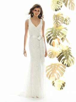 White Lace Floor Length V-neck Sash Sheath/Column Beach Wedding Dress