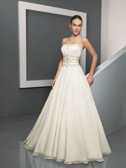 A-line Strapless Chiffon Sweep Train Beading Wedding Dresses