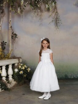 Scoop Ball Gown Tea Length Bow White Organza Flower Girl Dress (FLGL0042)