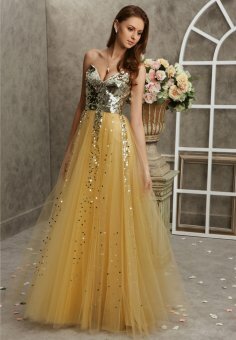 A-line Sweetheart Sequined Tulle Floor-length Dress