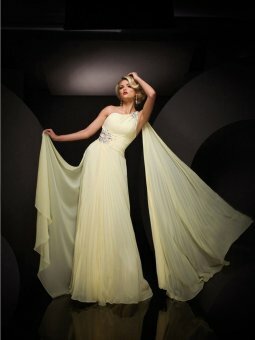 Sheath/Column One Shoulder Light Yellow Beading Chiffon Floor-length Dress