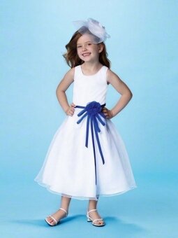 Square Ball Gown Ankle Length Sash White Organza Flower Girl Dress (FLGL0174)