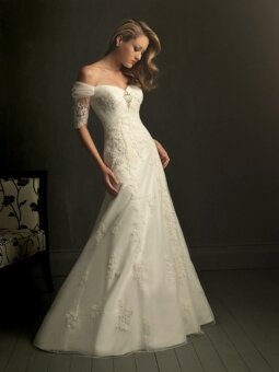 A-Line Off-the-shoulder Crystal Satin Chapel Train Wedding Dress