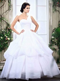 A-line One Shoulder Chiffon Floor-length White Wedding Dresses With Tired