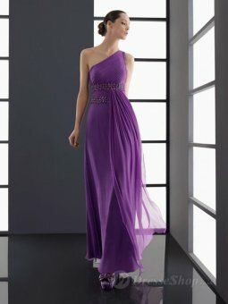 Sheath/Column One Shoulder Purple Ruffles Chiffon Ankle-length Dress