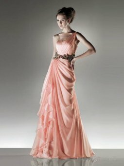 Empire One Shoulder Pink Ruffles Chiffon Floor-length Dress