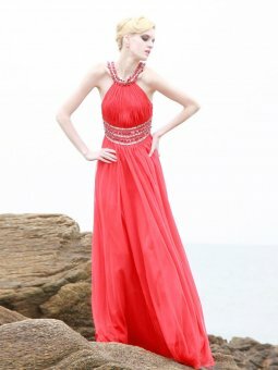 A-line Scoop Red Rhinestone Chiffon Floor-length Dress