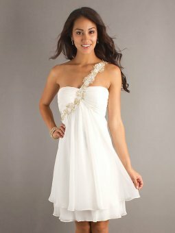 Empire One Shoulder White Crystals Ruched Chiffon Short/Mini Dress