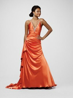 A-line Spaghetti Straps Elastic Woven Satin Sweep Train Orange Beading Prom Dresses