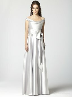 A-line Off-the-shoulder Sash Floor-length Silver Taffeta Dresses