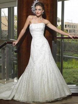 A-line Strapless Applique Lace Court Train Wedding DressPRIND0087