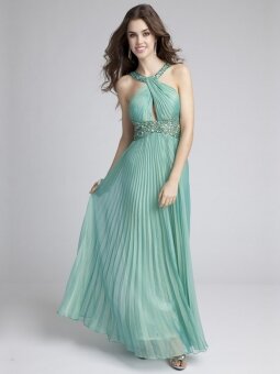 A-line Jewel Chiffon Floor-length Emerald Pleats Prom Dresses