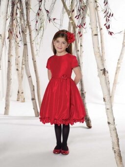 Scoop A-line Tea Length Flower Red Taffeta Flower Girl Dress (FLGL0143)