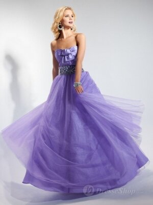 A-line Strapless Purple Beading Tulle Floor-length Dress