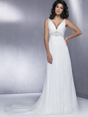 Empire V-neck Chiffon Sweep Train Beading Wedding Dresses