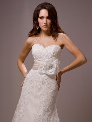 A-line Sweetheart Lace Satin Court Train Ivory Flowers Wedding Dresses