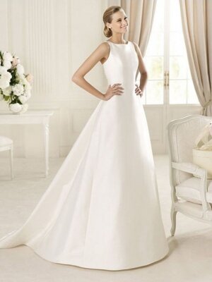 A-line Scoop Taffeta Sweep Train Buttons Wedding Dresses