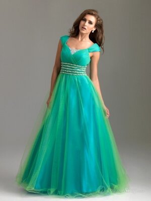 A-line Square Emerald Beading Tulle Floor-length Dress