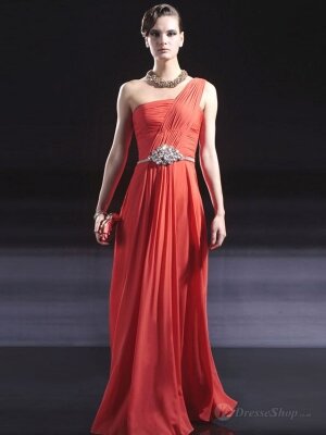 A-line One Shoulder Red Rhinestone Chiffon Floor-length Dress
