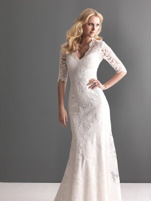 Sheath/Column V-neck Lace Satin Floor-length Ivory Buttons Wedding Dresses