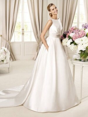 A-line Scoop Satin Sweep Train Beading Wedding Dresses