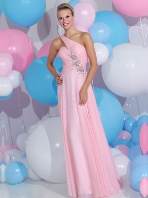 Sheath/Column One Shoulder Chiffon Floor-length Sleeveless Beading Evening Dresses