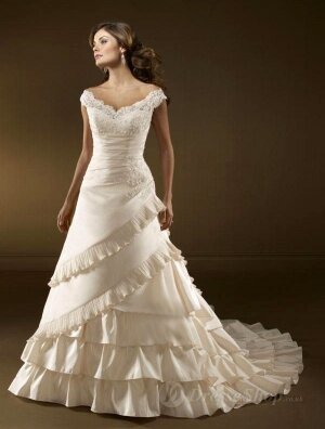 A-line V-neck Embroidery Satin Chapel Train Wedding Dress