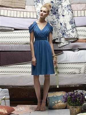 A-line V-neck Pleating Tea-length Light Blue Chiffon Dresses